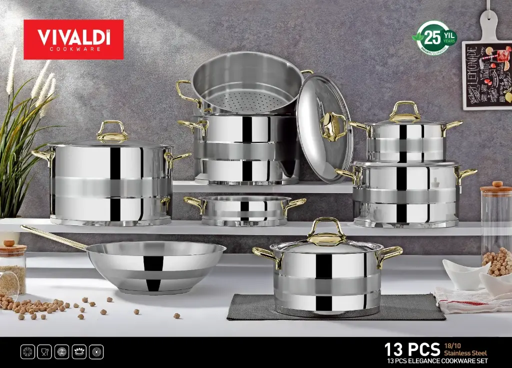 Elegance stainless steel set, golden handle, 13 pieces